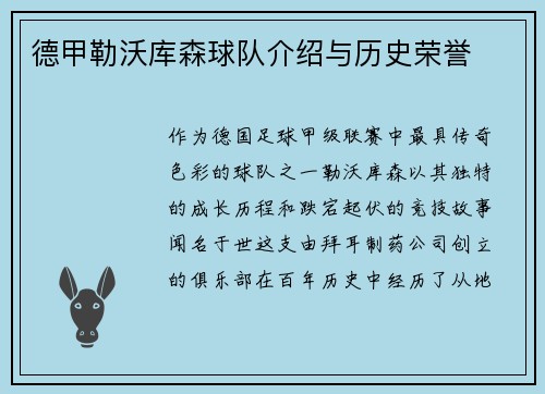 德甲勒沃库森球队介绍与历史荣誉